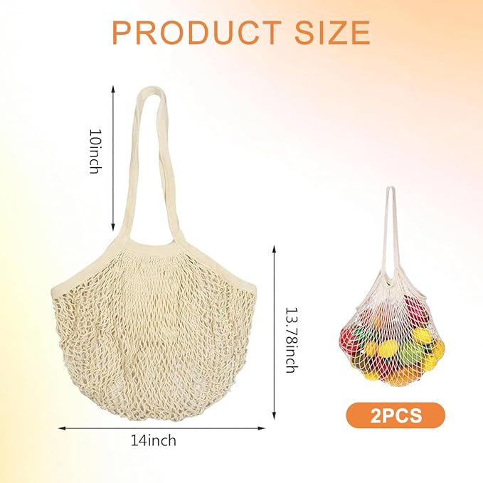 QUUPY 2Pcs Reusable Cotton Mesh Grocery Bags Long Handle Net Shopping Tote for Fruits Vegetables Produce Storage (White)