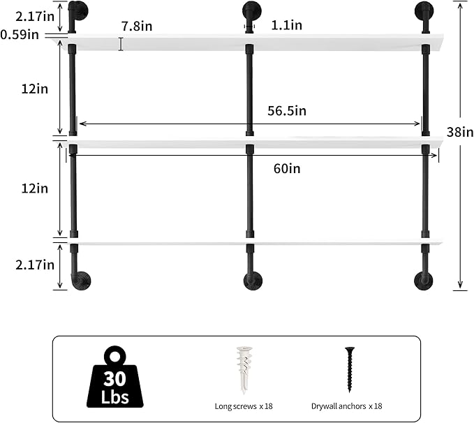 3-Tier Industrial Pipe Floating Shelf – Rustic 60 inch Wood Wall-Mounted Storage Shelf for Kitchen Office,Bathroom & Home Decor -White