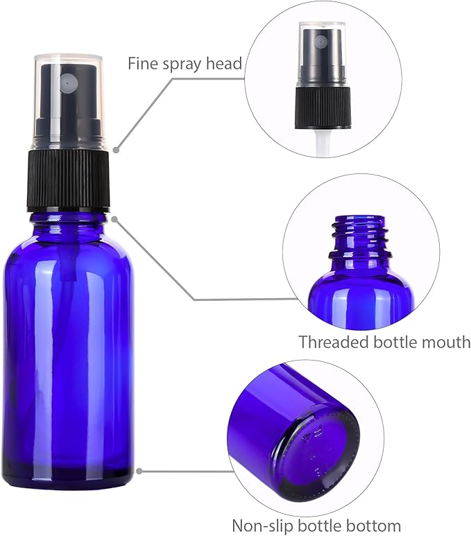 1 oz Glass Blue Spray Bottles,Small Empty Fine Mist Refillable Travel Spray Bottle for Cleaning,Perfume,Aromatherapy,Cosmetic Sprays,Hair,Essential Oils with Fine Mist Dispenser（3 Pack）