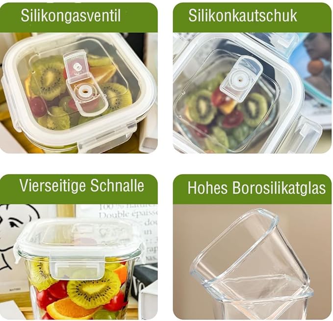 4 Cup Square Glass Food Storage Container with Lids, Square Glass Soup Container with Airtight Lids, 32 OZ Food Prep Bowls for Leftovers, Salad, Microwave、Fridge、Dishwasher Safe (4 Pack)