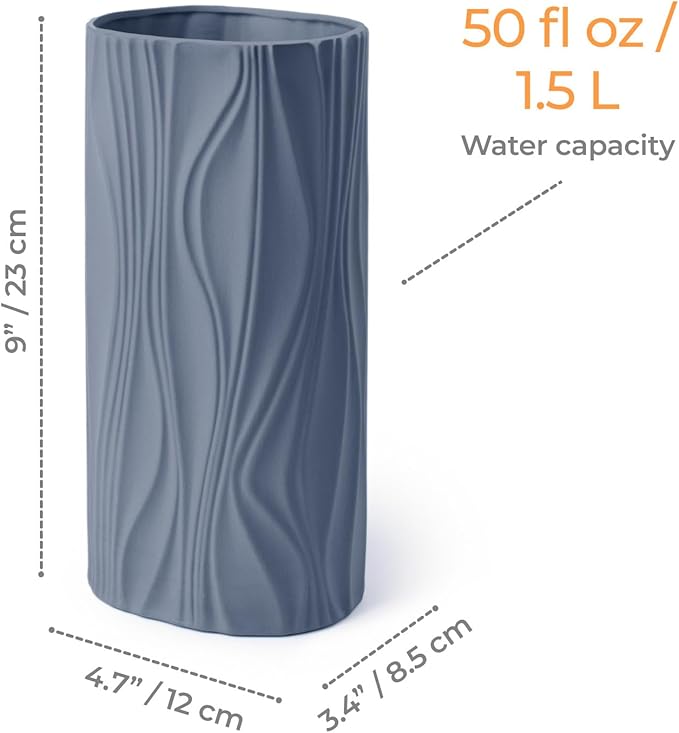 Navy Blue Vase - Blue Ceramic Vase - Cute Flower Vase for Bouquet - Modern Vases for Home Decor - Navy Blue Centerpieces - Jarrones Decorativos para Sala