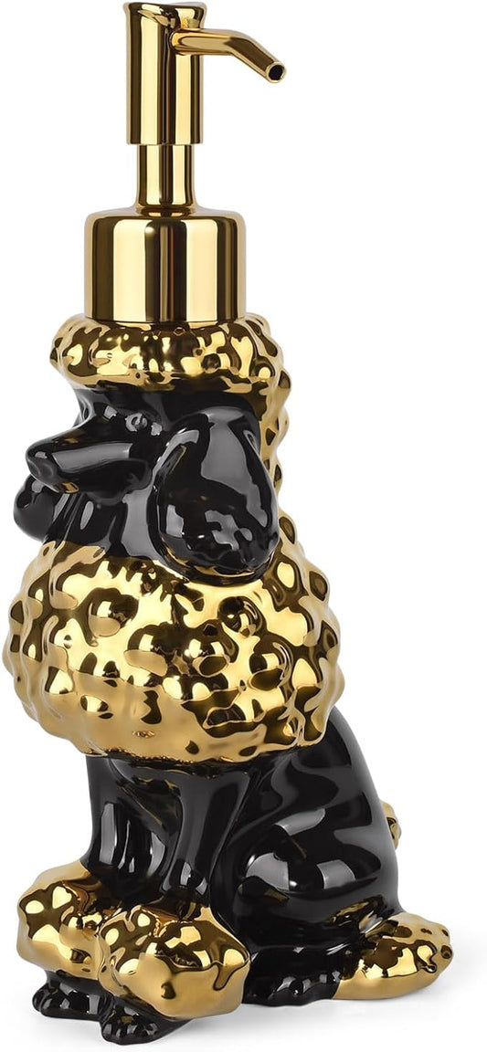 Poodle Shaped Soap/Lotion/Hand Sanitizer Ceramic Dog Lover Stainless Steel Pump Dispenser for Dog Mom Gifts, Refillable for Kitchen and Bathroom (Gold/Back)