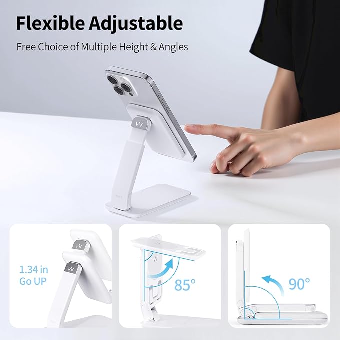 iWALK Magnetic Cell Phone Stand for Desk, Angle and Height Adjustable Mobile Phone Holder, Foldable Magnet Stand for iPhone 17 16 15 14 13 12 Pro Max and iPad, Cell Phone Holder for Samsung, White