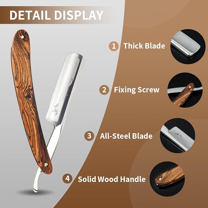 Straight Razor Kit Wooden Handle Shave Ready for Men Barber,Straight Edge Razor Professional Carbon Steel Sharp Shaver with Shaving Strop Brush Shaving Cream for Men Home &Grooming Using