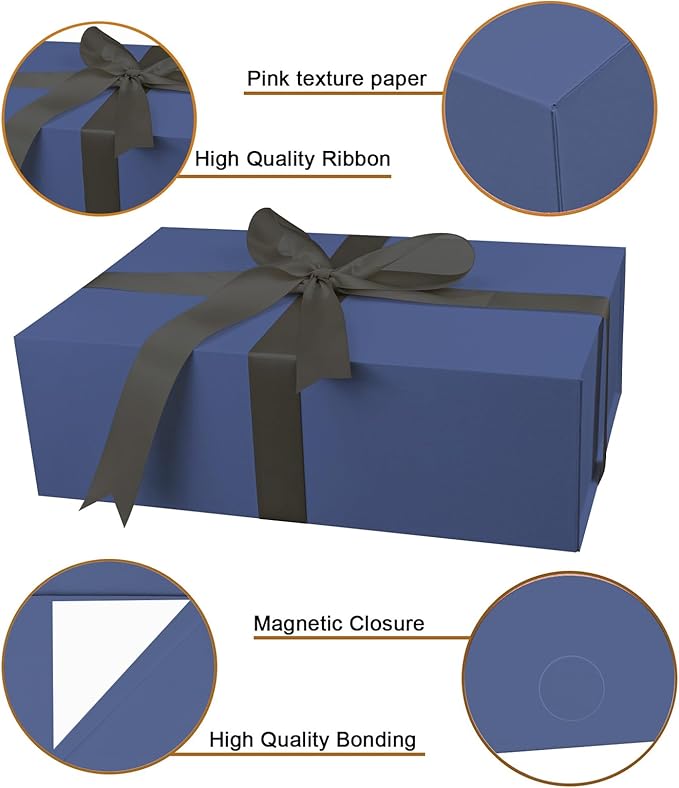 YINUOYOUJIA Blue Gift Boxes with Lid,14"x9"x4.5" Magnetic Gift Box with Ribbon,Cards and Envelopes for Presents,Great for Wedding,Birthdays,Crafting,Gift Packaging.
