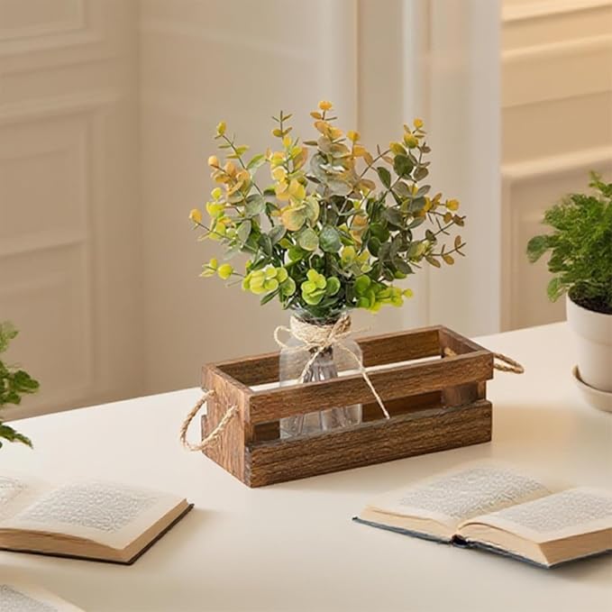 Artificial Eucalyptus Stems in Glass Vase with Faux Water,Combined with Wood Tray Centerpiece Table Decoration,11" Fake Plant with Orange-Green Leaves for Home Decor