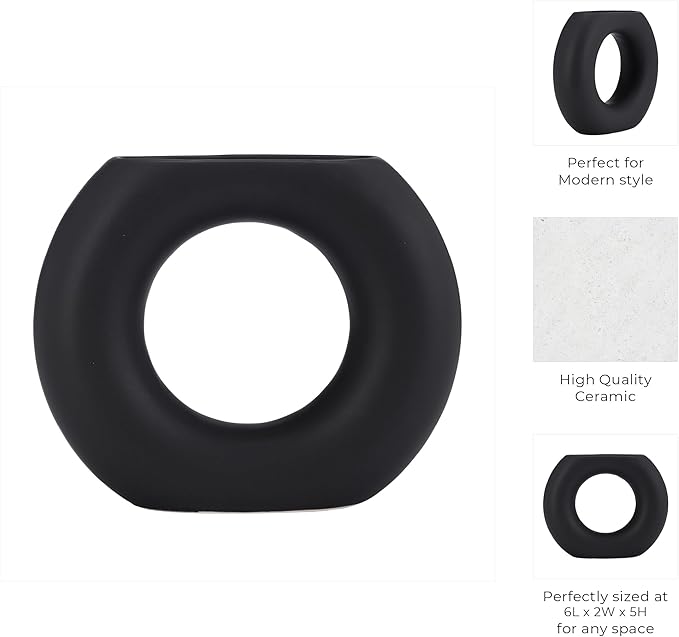 Sagebrook Home Modern Ceramic Vase - Round Hollow Stoneware, Minimalist Decorative Accent for Home, Office, Bedroom, and Living Room - 5" Black