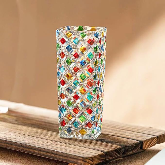 Colorful Checkered Glass Vase, Bright Multi Colored Crystal Diamond Vase Hand Painted