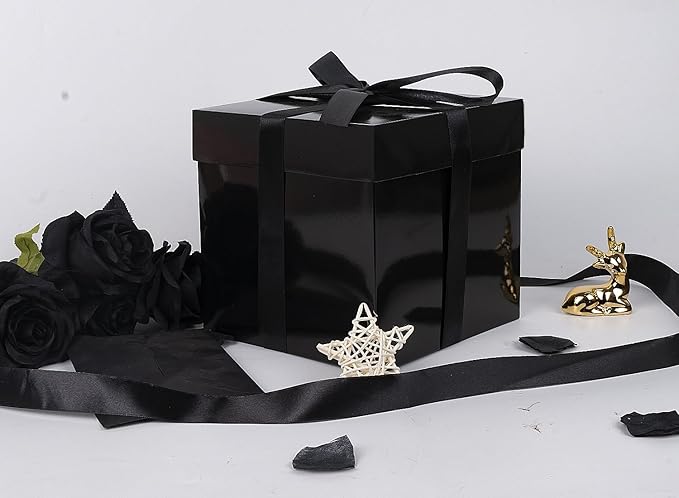 Jaywayang 5 Pack Black Gift Boxes with Lids, Ribbons and Tissue Papers Square Gift Boxes - 7.1 Inch - Birthday, Wedding, Presents Wrapping, Father's Day, Valentine's Day Decoration Party Favor Boxes.