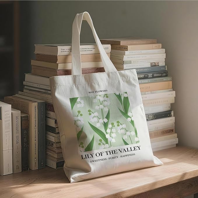 Flower Canvas Tote Bag, May Dily of The Valley Reusable Shoulder Bags, Gifts to Sister and Friends, Holiday Gift Bags for Wrap Storage, Casual Canvas Totes for Work Traveling