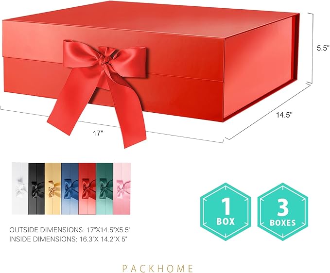 PACKHOME 17x14.5x5.5 Inches, 3 Extra Large Gift Boxes with Lids, Magnetic Closure Boxes with Ribbon for Clothes and Large Gifts (Glossy Red)