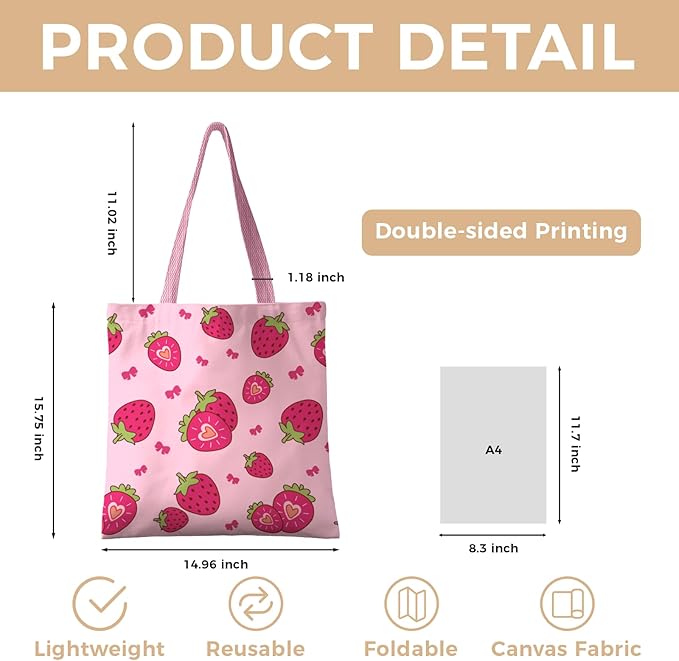 Cute Aesthetic Canvas Tote Bag for Women, Reusable Foldable Shopping Cotton Shoulder Totebag with Zipper Pocket