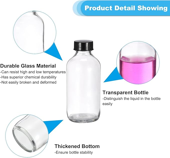 PATIKIL 4oz(120ml) Glass Sample Bottles, 24Pcs Round Bottle Dispensing Bottles with Black Poly Cone Cap for Reagent Liquids, Juice, Perfume Hot Sauce Ginger Shots, Transparent