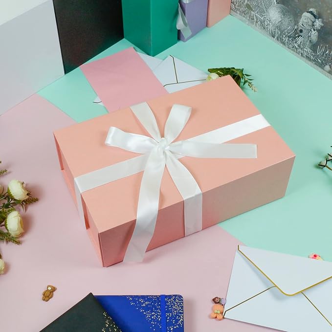 YINUOYOUJIA Pink Gift Boxes with Lid,14"x9"x4.5" Magnetic Gift Box with Ribbon,Cards and Envelopes for Presents,Great for Wedding,Birthdays,Crafting,Gift Packaging.