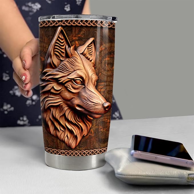 SANDJEST Wolf Tumbler 20oz Wolf Wood Drawing Stainless Steel Insulated Tumblers Coffee Travel Mug Cup Wolf Gift for Men Boys Gifts for Birthday Christmas