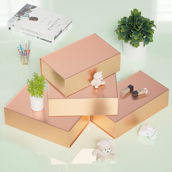 5 Pack Rose Gold Gift Box, 9.5x6x3'' Gift boxes for Presents with Lids Magnetic Closure Rectangle Collapsible for Bridesmaid proposal box, Wedding, Christmas, Halloween, Birthday Gift Packging