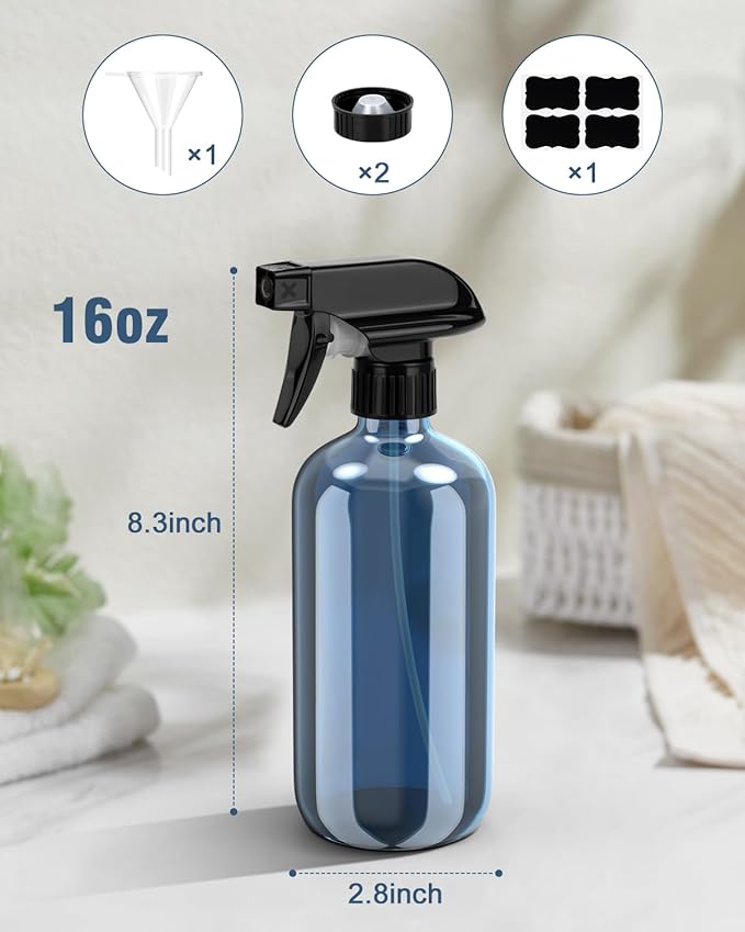 Glass Spray Bottle, Indigo Blue Glass Spray Bottle Set & Accessories Refillable for Plants Window Cleaners Aromatherapy Facial Hydration Watering Flowers Hair Care (2 Pack/16 oz)(Indigo)