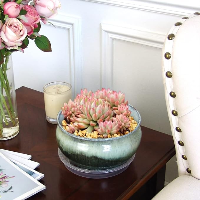 8 Inch Succulent Pot with Drainage and Saucer Glazed Terracotta Round Ceramic Succulent Planter Cactus Bonsai Plant Pot (White and Green)