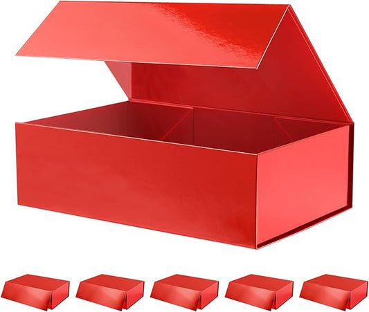 6 Large Gift Boxes with Lids 13.5x9x4.1 Inches, Red Bridesmaid Proposal Gift Box with Magnetic Closure for All Occasion (Glossy Red)