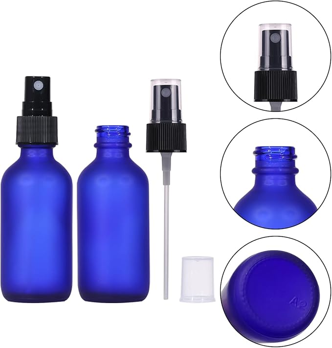 60ml Frosted Blue Glass Spray Bottles,Small Empty Fine Mist Perfume Refillable Reusable Travel Spray Bottle for Essential Oils/Hair/Aromatherapy/Cleaning/Cosmetic with Extra Spray Nozzle(2 Pack)