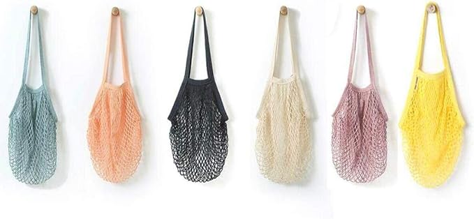 6 Pack Portable,Reusable,Reusable Produce Bags,Washable Cotton Mesh String Organic Organizer Shopping Handbag Long Handle Net Tote (grey blue,Black,Beige,Pink,Purple,Yellow)