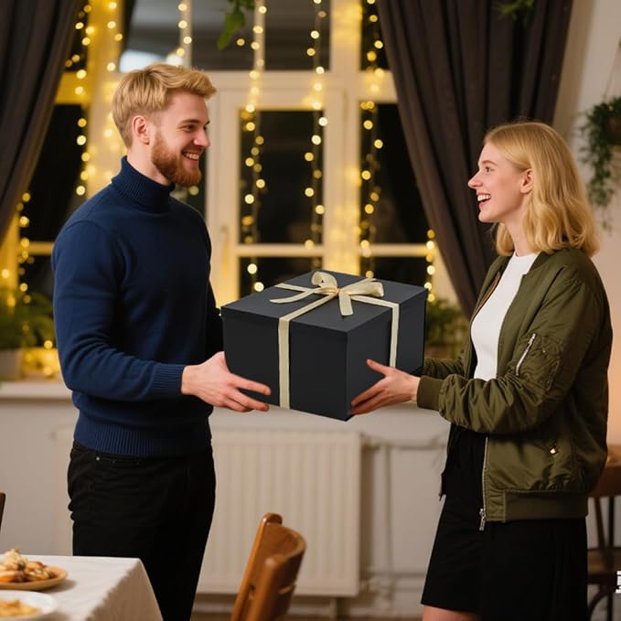 1Pcs Black Extra Large gift box with lids 16.5×13×8 Inches gift boxes for presents,Birthday Box (include Ribbon, Paper Shred Filler Gift Card & Envelopes)