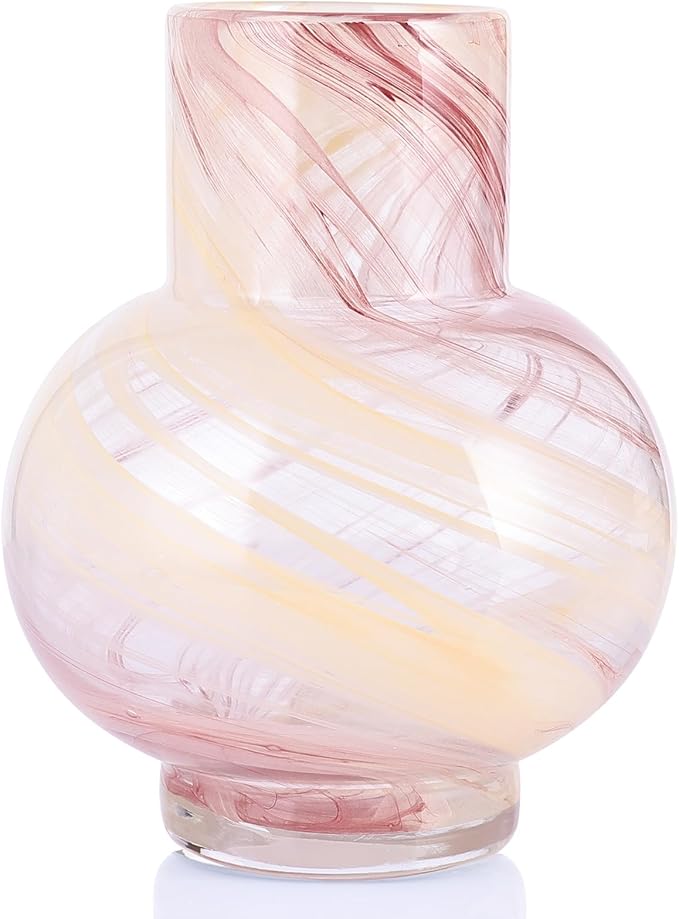 Pink Hand Blown Glass Wide Mouth vase for Home Decoration Short Round Glass vase for Living Room, Dining Table, Bookcase, TV Cabinet, Bookshelf and Office Desktop Decoration.