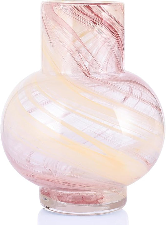 Pink Hand Blown Glass Wide Mouth vase for Home Decoration Short Round Glass vase for Living Room, Dining Table, Bookcase, TV Cabinet, Bookshelf and Office Desktop Decoration.