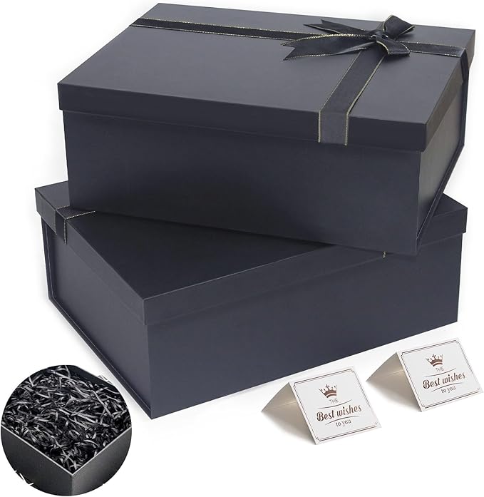 Giftilious Large Gift Boxes, 13"x10"x5" Black Gift Boxes 2 Pack Sturdy Gift Box with Lids for Presents, Gift Wrap Boxes for Birthdays, Groomsmen Proposal,Anniversaries, etc