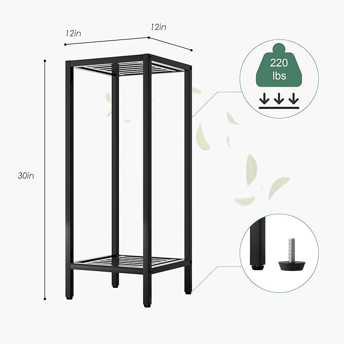 Zhongma 2 Tier 30" Tall Indoor Outdoor Plant Stand, 12 L x 12 W x 30 H inch, Heavy Duty Square Metal Flower Stand for Patio, Home, Garden, 220 LBS Capacity & Heavy Duty Construction