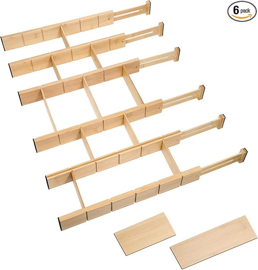 6 Pack Bamboo Drawer Dividers with 12 Inserts Expandable Adjustable 17" to 22" Drawer Organizers Separators for Kitchen, Bedroom, Home, Clothes, Dressers, Office