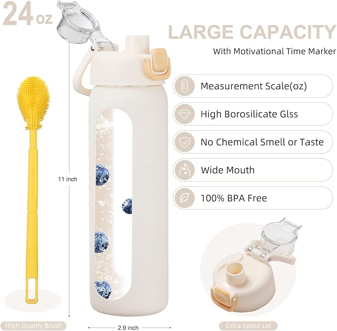 24 oz Glass Water Bottles with 2 Lids-Handle Spout Lid & Straw Lid, Motivational Water Bottle with Time Marker and Silicone Sleeve,Leakproof-White-1 Pack