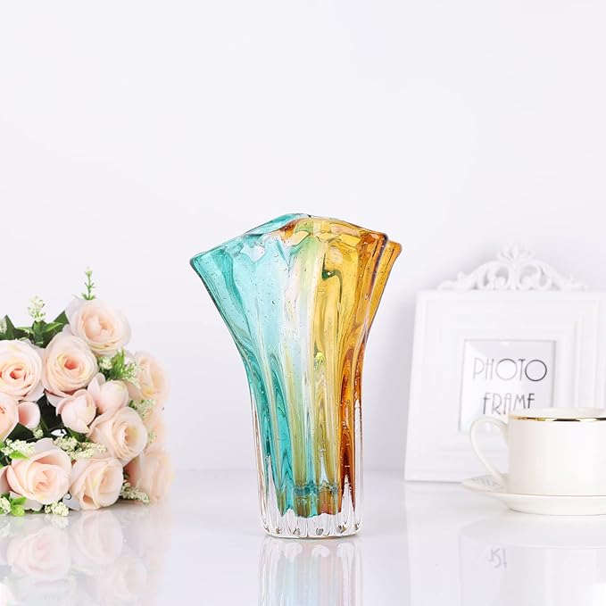 Hand Blown Wide Mouth Petal Glass vase, Colorful Modern Glass Art Home Decoration vase for Family Living Room, Wedding Venue, Dining Table Centerpiece, entryway Tabletop