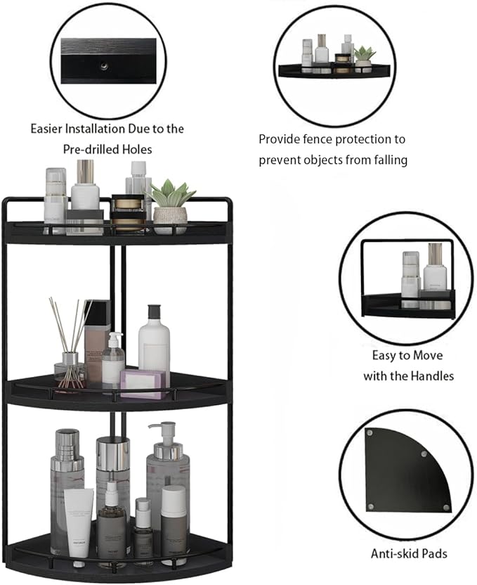 Dorhors 3-Tier Corner Bathroom Organizer Countertop for Storage,Vanity Tray,Wood Counter Organizer for Kitchen,Bathroom,Dresser (Black)