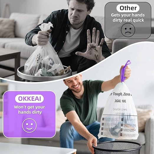 OKKEAI 3 Gallon Small Trash Bags with Drawstring, 64 Count Bathroom Garbage Bags – Leak-Proof Tear-Resistant Wastebasket Liners for Bathroom, Kitchen, Office