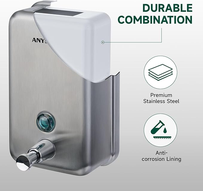Commercial-Grade Manual Soap Dispenser, Durable Brushed Stainless Steel Finish, 37oz (1100ml), Wall-Mounted for Bathroom & Kitchen
