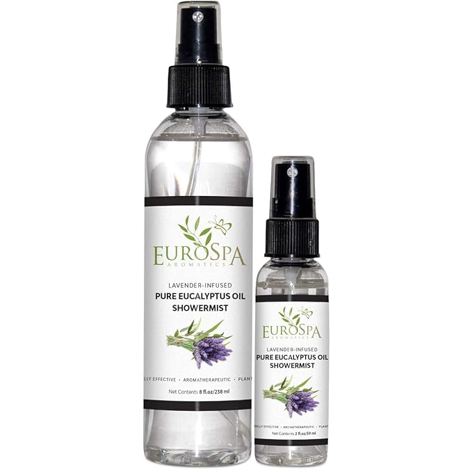 EuroSpa Aromatics Pure Eucalyptus Oil ShowerMist and Steam Room Spray, All-Natural Premium Aromatherapy Essential Oils - Lavender Infused, Duo Pack, 8oz and 2oz