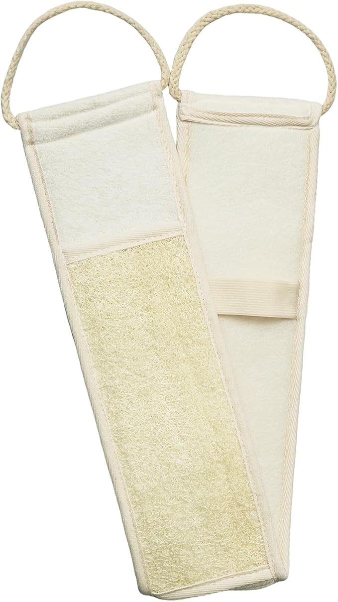 Natural Loofah Back Scrubber, Double-Sided Exfoliating Body Scrubber with Handy Strap for Deep Cleaning, Durable Bath Shower Luffa Sponges for Men and Women (Beige)