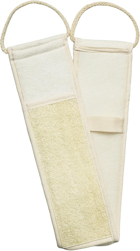 Natural Loofah Back Scrubber, Double-Sided Exfoliating Body Scrubber with Handy Strap for Deep Cleaning, Durable Bath Shower Luffa Sponges for Men and Women (Beige)