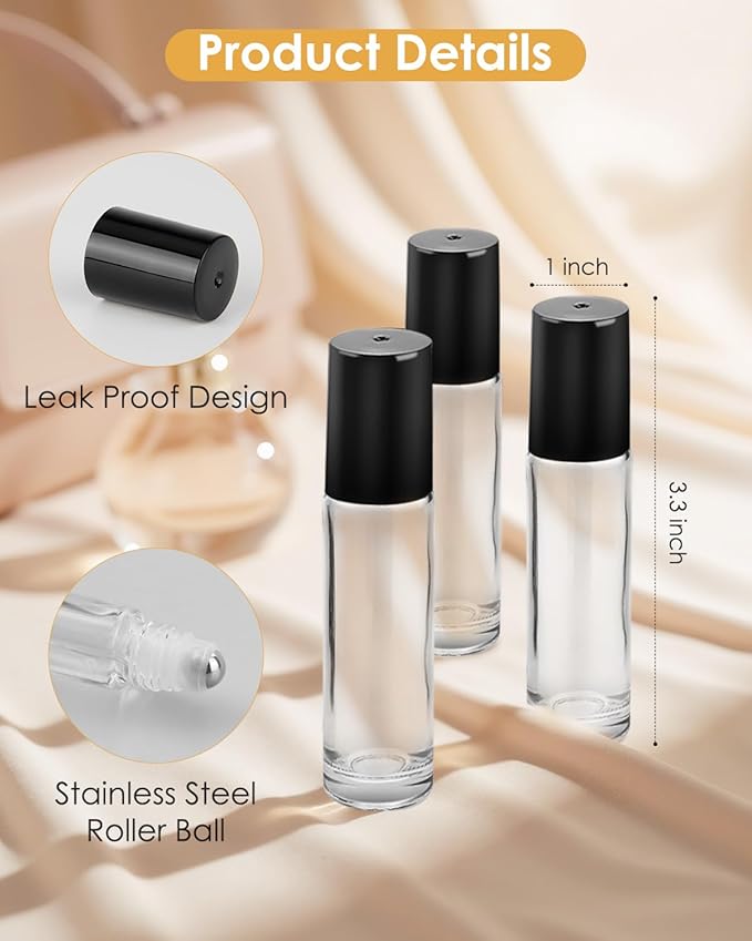25 Pack Essential Oil Roller Bottles, 10ml Refillable Clear Glass Roller Bottles with Stainless Steel Roller Balls and Caps for Travel, Perfume and Lip Gloss
