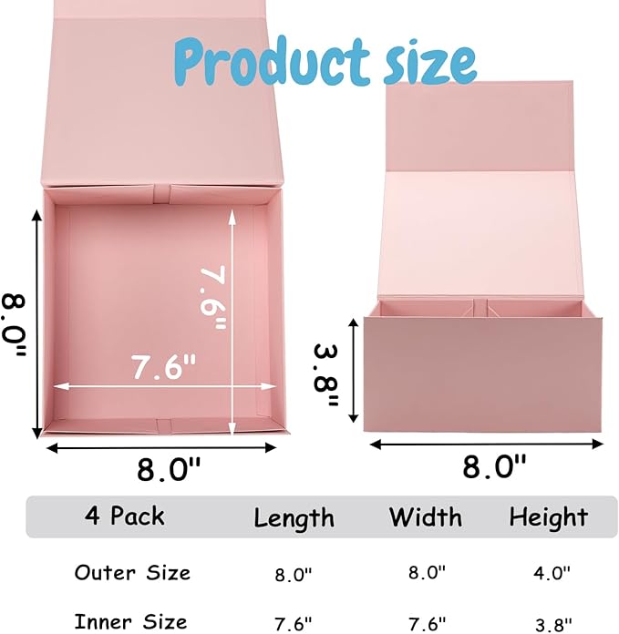 Schliersee 8x8x4 Pink Gift Boxes with Magnetic Lids Set of 4, Gift Wrap Gift Box Empty Wrapping Gifts for Chrismas Wedding Valentine's Day Birthay Gifts for Wife Women Girls Sister Friends Presents