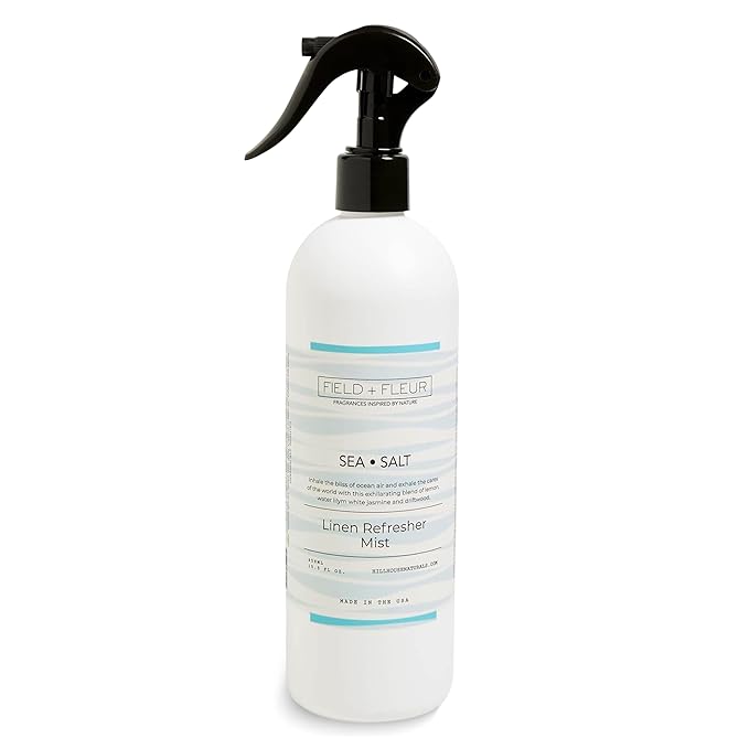 FIELD FLEUR Sea Salt Linen & Room Spray 15.5 oz - Aromatic & Refreshing Bedding & Fabric Mist - Air Freshener for Clothes & Sofas - Notes of Lemon, Water Lily, Jasmine & Driftwood - Made in USA