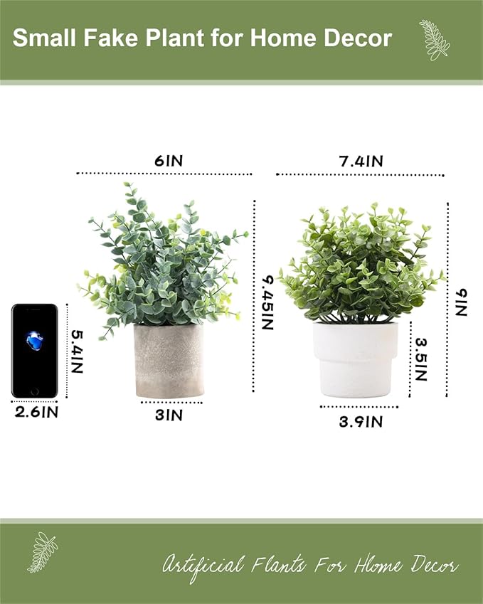 Small Fake Plants 7.45” Eucalyptus Potted Artificial Eucalyptus Plant for Home Bathroom Office Farmhouse Restroom Shelf Desk Mantel Coffee Table Decor (Green)