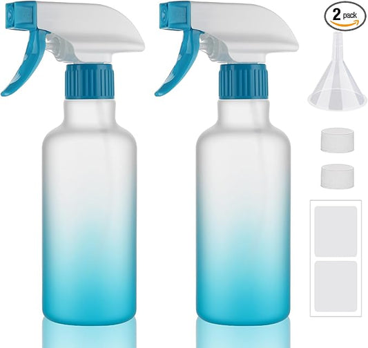 Plastic Spray Bottles 12oz 2 Pack Adjustable Mist/Stream Spraying Heavy Duty Square Water Spray Bottles for Hair, Cleaning Solutions, Plants, Cooking，BBQ，Essential Oils (Blue)
