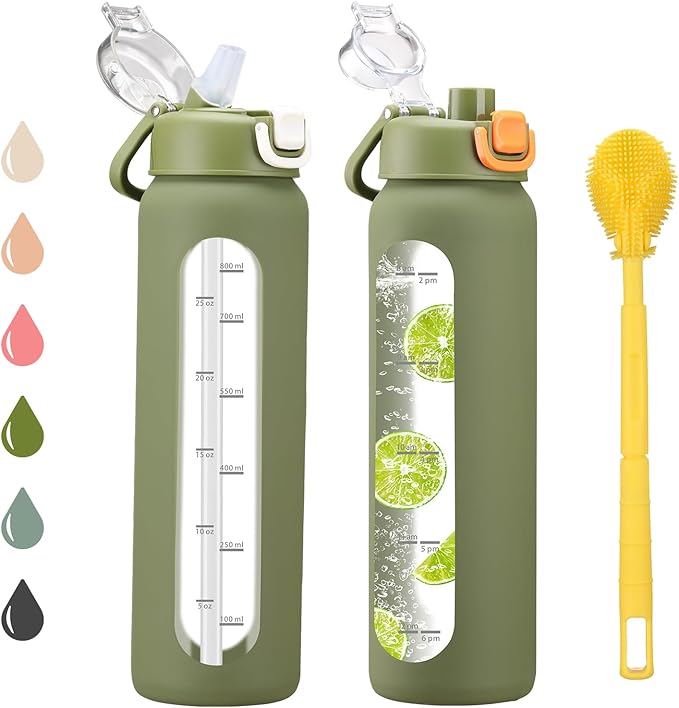 32 oz Glass Water Bottles with 2 Lids-Handle Spout Lid & Straw Lid, 1 Liter Motivational Borosilicate Water Bottle with Time Marker and Silicone Sleeve,Leakproof-Army Green-1 Pack