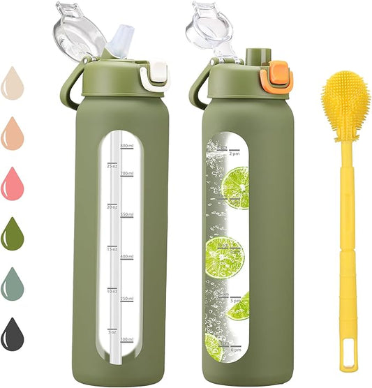 32 oz Glass Water Bottles with 2 Lids-Handle Spout Lid & Straw Lid, 1 Liter Motivational Borosilicate Water Bottle with Time Marker and Silicone Sleeve,Leakproof-Army Green-1 Pack