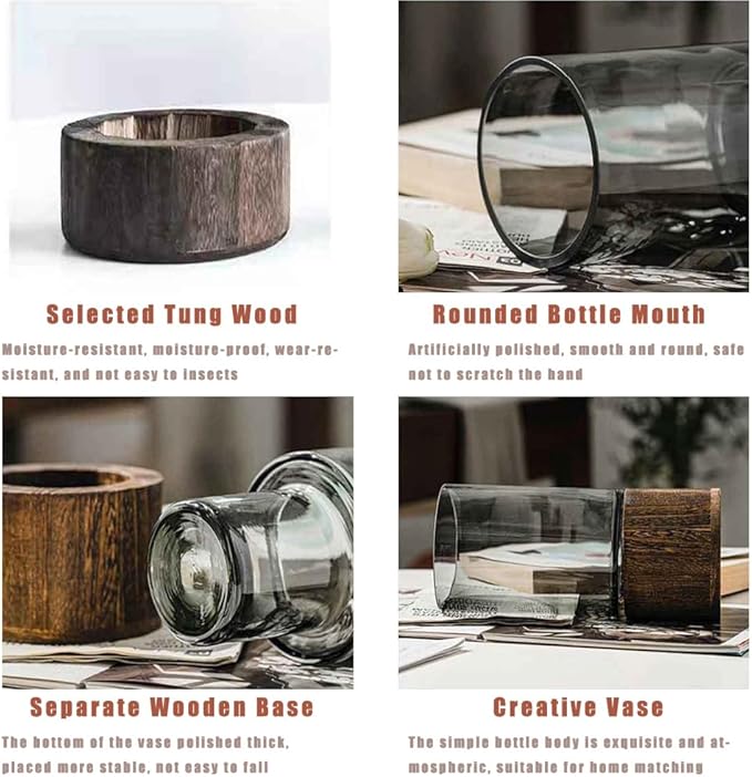 Artistic Wood Glass Vase, 12" H, Large Wooden Base Cylindrical Flower Vase, Classic Boho Rustic Style for Fireplace Bedroom Kitchen Living Room Centerpieces Office Desk