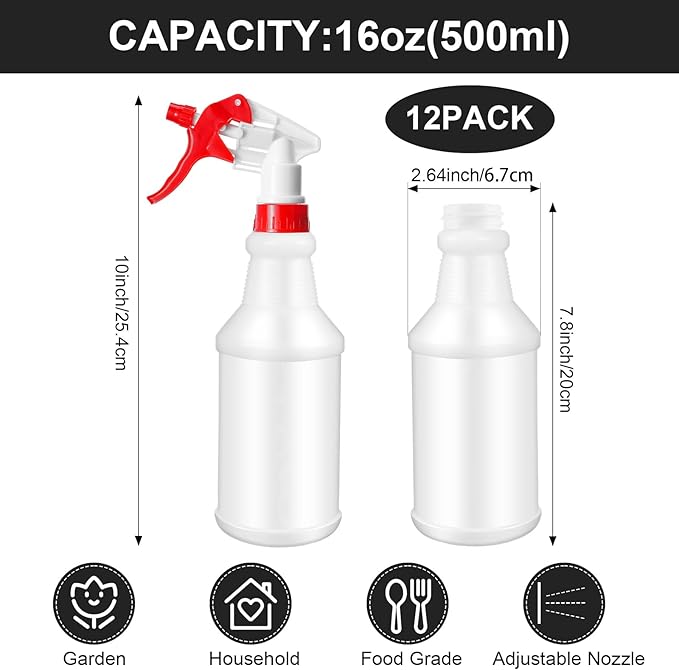 Eccliy 12 Pcs 16 Oz Plastic Spray Bottle, Adjustable Empty Reusable Sprayer for Cleaning, Planting, Water, Bathroom and Kitchen, BBQ, Commercial and Residential(Multicolor,Original)