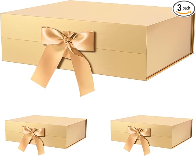 GREEN BEAN 3 Extra Large Gift Boxes with Lid 16.3 x 14.2 x 5 Inches, Gold Magnetic Gift Box with Ribbon for Clothes, Large Presents Christmas Halloween(Glossy Gold)