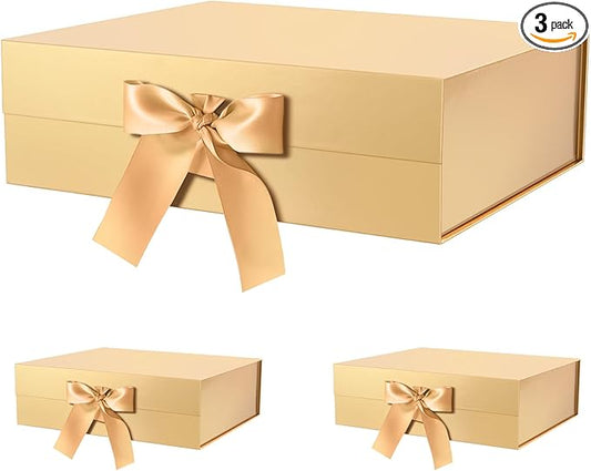 GREEN BEAN 3 Extra Large Gift Boxes with Lid 16.3 x 14.2 x 5 Inches, Gold Magnetic Gift Box with Ribbon for Clothes, Large Presents Christmas Halloween(Glossy Gold)